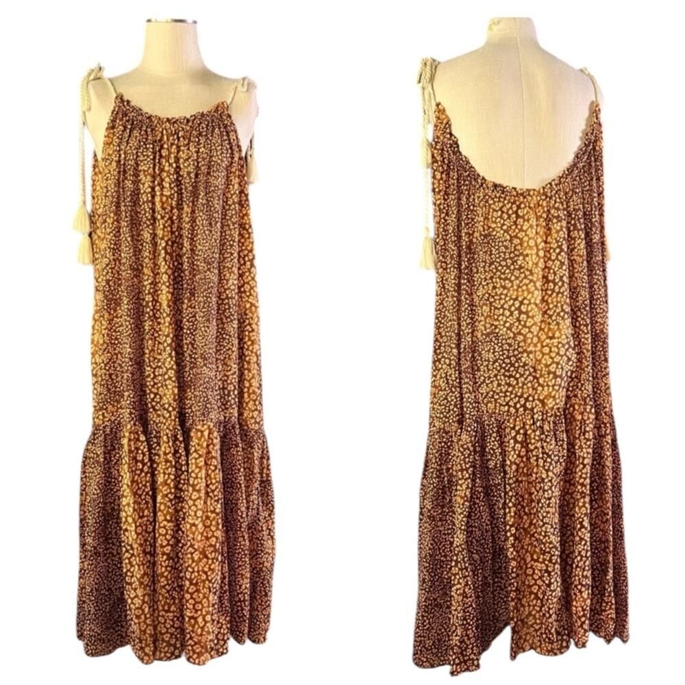 Ulla Johnson Cari Dress Brown Print Boho Tassel Midi Coverup Sz M Oversized